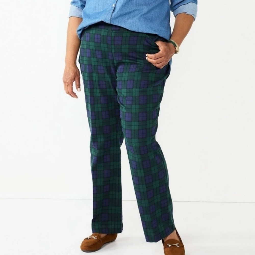 Croft Barrow Effortless Stretch Bootcut Pants Women 28W Blue/Green Plaid NEW